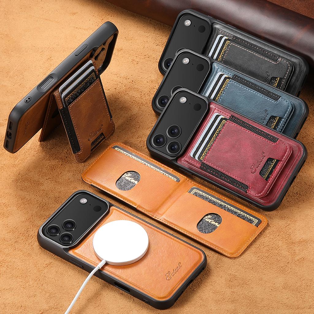 Faux Leather Phone Case Wireless Charging Magnet Card Holder Stand for IPhone 17 Pro Max 16 Plus 15 14 13 1215 14 13 12
