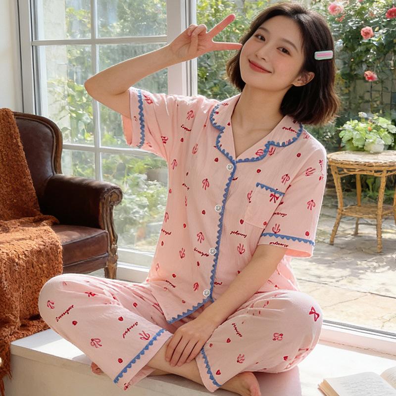 Mori cloud cotton pajamas women's summer shell edge short-sleeved trousers thin ins wind summer loungewear