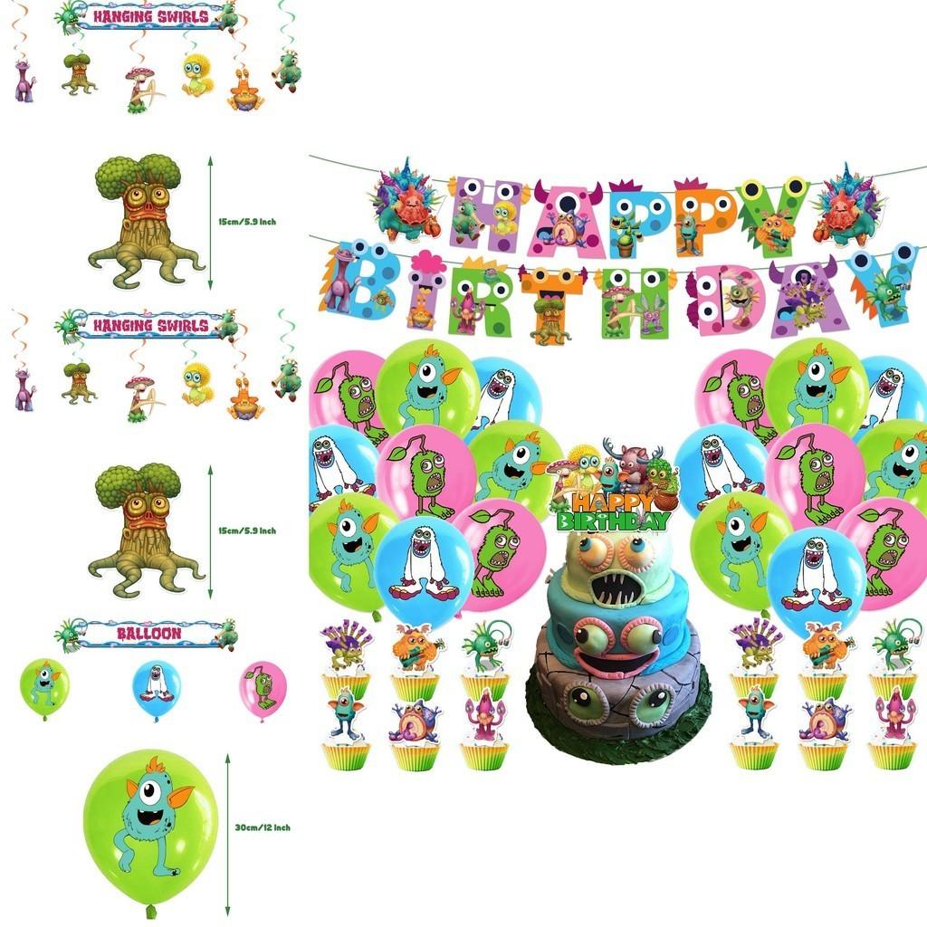 Набор украшений для дня рождения My Singing Monster: флаг, воздушные шары, топперы для торта и многое другое