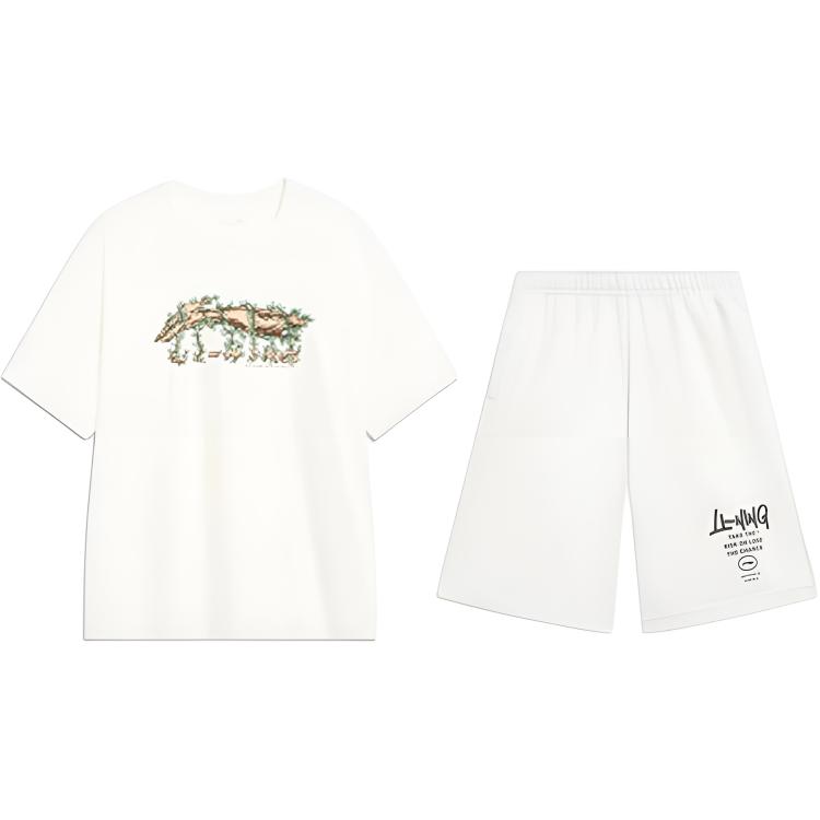 Li-Ning Trendy Comfortable Versatile Round Neck Pullover Short Sleeve T-Shirt Casual Sports Set Unisex Tops AHSU973-1+AKST593-7