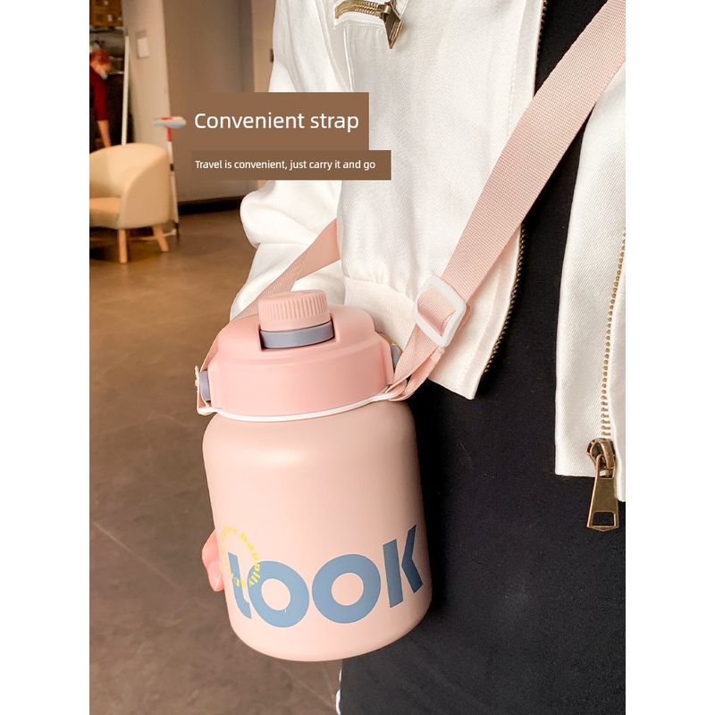 Large Capacity Vacuum Cup for Women 2025 New Arrival Good-looking Water Cup Student Kettle Oblique Strap Straw Big Belly Cup
