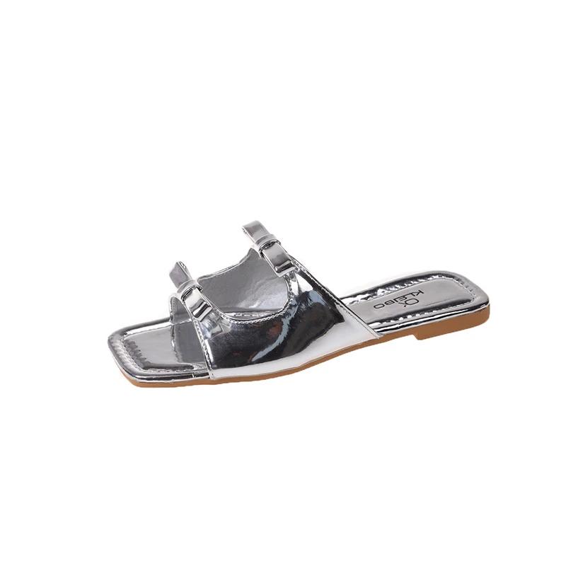 2024 Летние пляжные туфли из кожи конфет, женские тапочки на плоской подошве с бантом, женская обувь, простые шлепанцы, открытые тапочки на плоской подошве для женщин