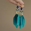 Серьги-кисточки в виде перьев с бриллиантами в стиле бохо-серебряной иглы, ретро-дизайн в стиле павлиньего зеленого цвета, стиль Niche