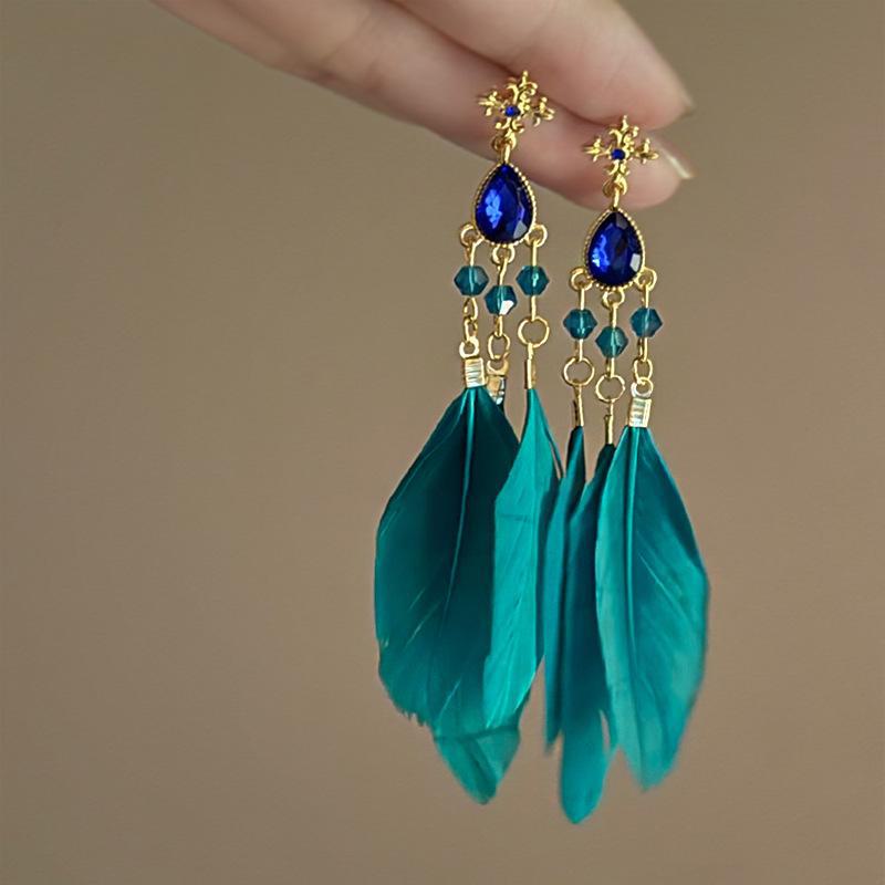 Серьги-кисточки в виде перьев с бриллиантами в стиле бохо-серебряной иглы, ретро-дизайн в стиле павлиньего зеленого цвета, стиль Niche