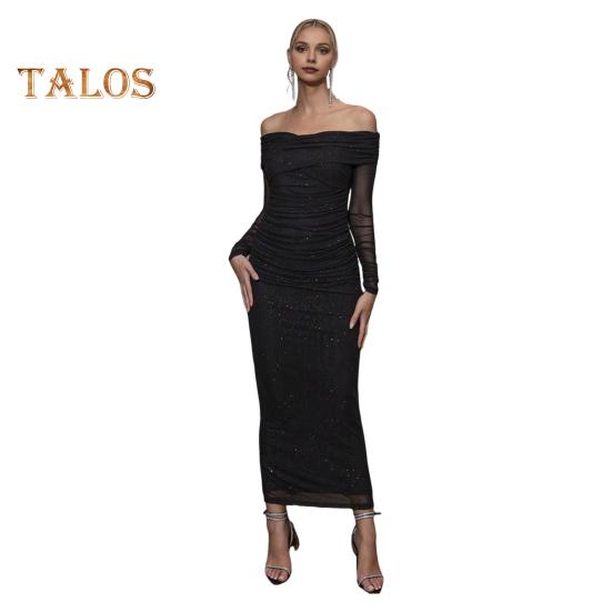 Женское вечернее платье с открытыми плечами, длинными рукавами, сетчатое, пэчворк, плиссированное, с крестом, бандо, облегающее, для выпускного, свадьбы, вечеринки, коктейльного макси-платья