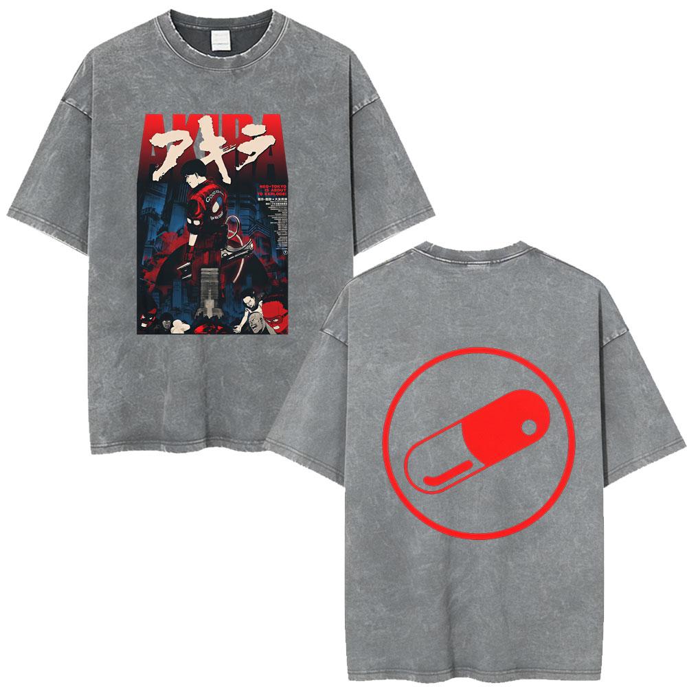 Anime Akira Vintage Washed T Shirts 90s Japanese Manga Shotaro Kaneda Tshirt Men Women Clothing Oversized Tshirts Streetwear