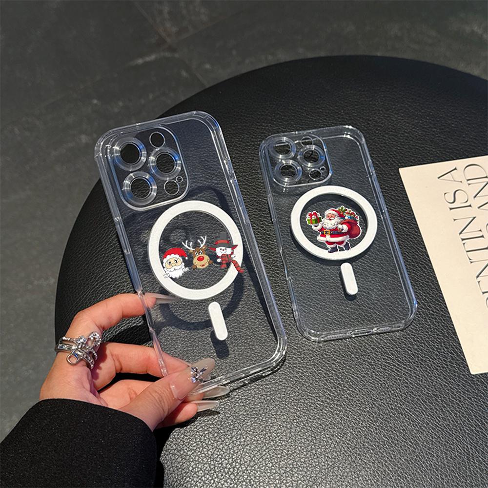 AC120 Merry Christmas Santa design Magsafe Transparent Cases для Samsung S23 S24 Ultra S21 FE iPhone 16 Pro Max XR Magnetic Wireless Charge Back Cover