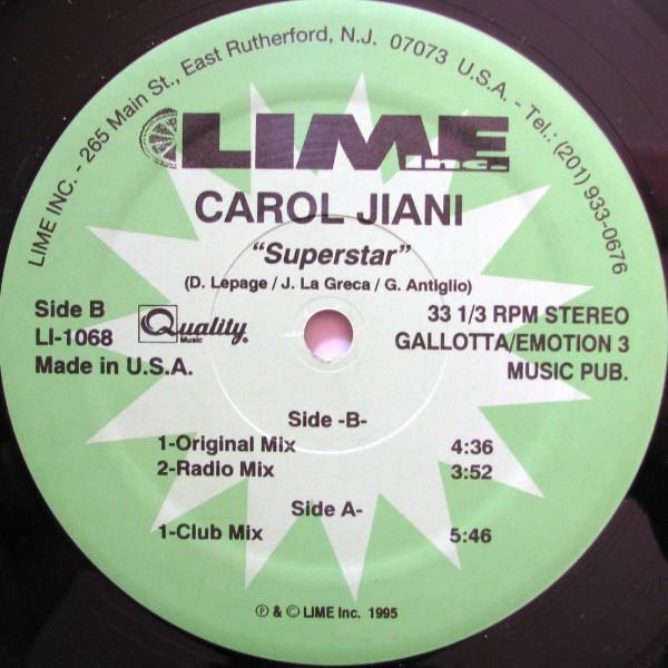12-дюймовая пластинка CAROL JIANI Superstar LI1068 Lime Inc. 1995 США Танцевальная Электроника Б/У