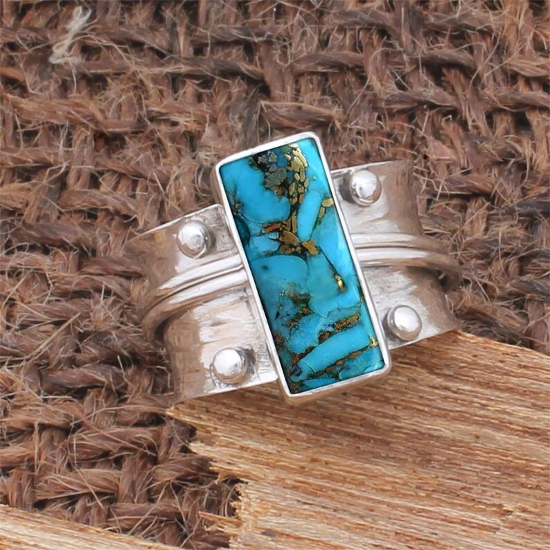 Длинное прямоугольное кольцо с синей медью и бирюзой, тяжелое кольцо, рождественский подарок на День святого Валентина, подарок на День Благодарения, эффектное кольцо, серебряное кольцо 925 пробы