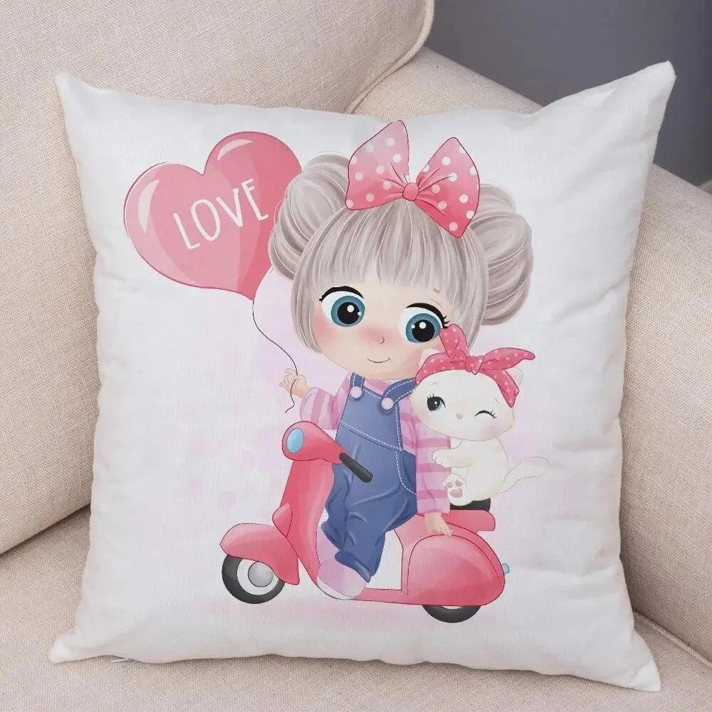 Cute Girl and Cat Pillowcase Car Ornaments Office Living Room Sofa Home Pillowcase