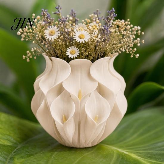 Preserved Flower Container 3D Printed Calla Lily Relief Vase, Mini Decorative Vase for Dried Flowers, Minimalist Matte Soft Texture White Desk