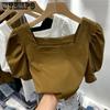 Retro Puff Sleeve Square Collar Short Sleeve T-Shirts Women's Summer Casual Solid Shirts Streetwear