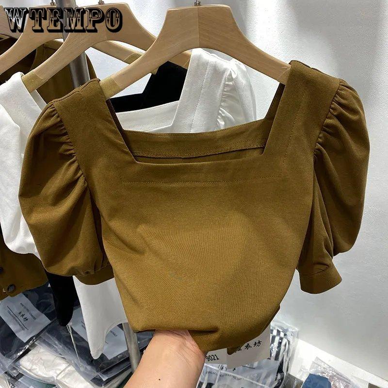 WTEMPO Retro Puff Sleeve Square Collar Short Sleeve T-Shirts Women's Summer Casual Solid Shirts Streetwear