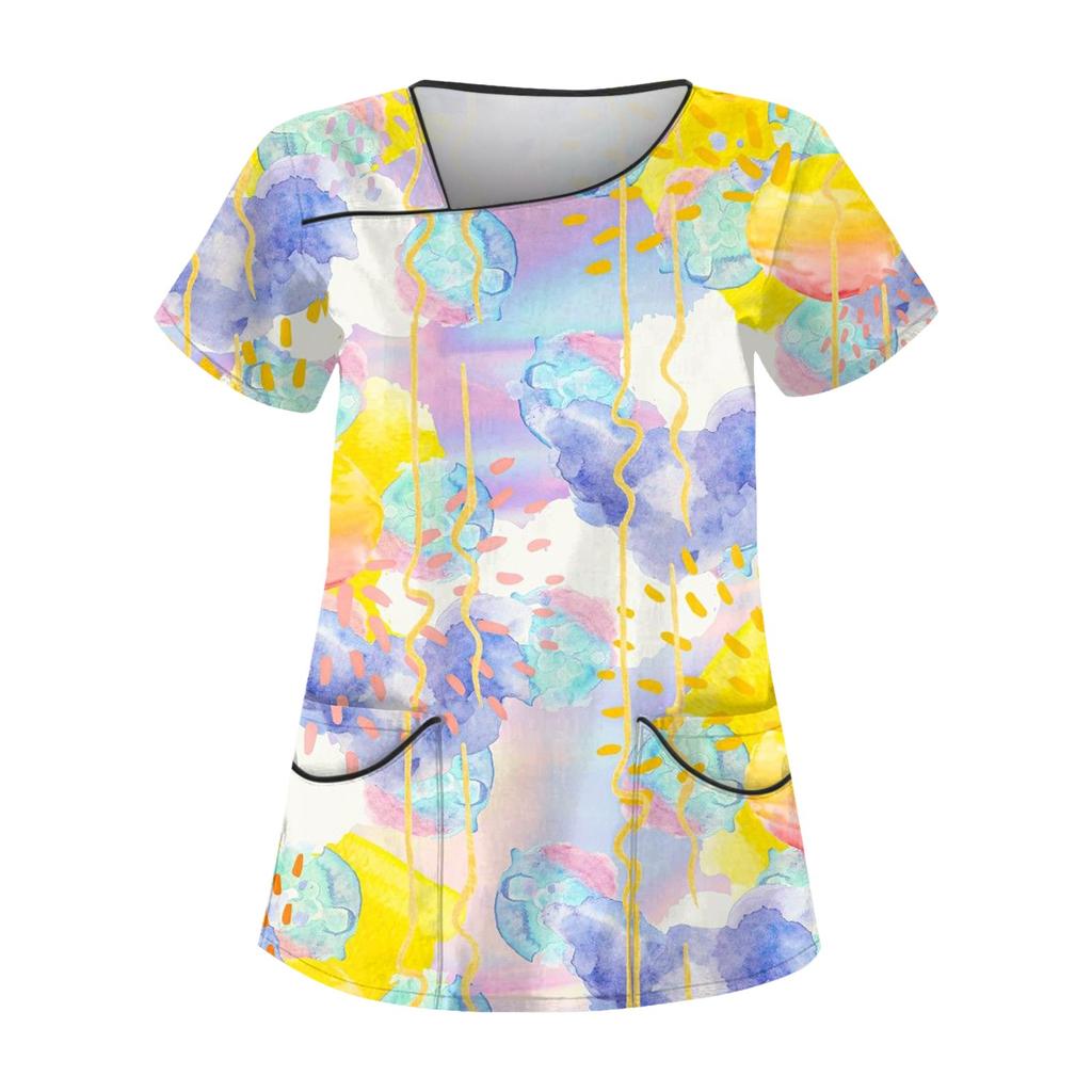 Женская повседневная рабочая одежда с короткими рукавами и принтом, топ с двойным карманом