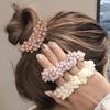 Elegant Pearl Beaded Hair Accessory Includes Flower-Shaped Pearl Headbands and Stretchy Hair Ties In White, Cream, and Pinkish-Purple, Pearl Hair Clip