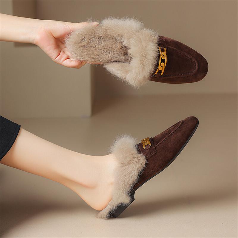 Мода 2025 Зимние Женские Туфли из Овчины Замши с Кроличьим Мехом, Мюли, Женские Туфли с Круглым Носком и Низким Каблуком, Тапочки на Массивном Каблуке с Закрытым Носком