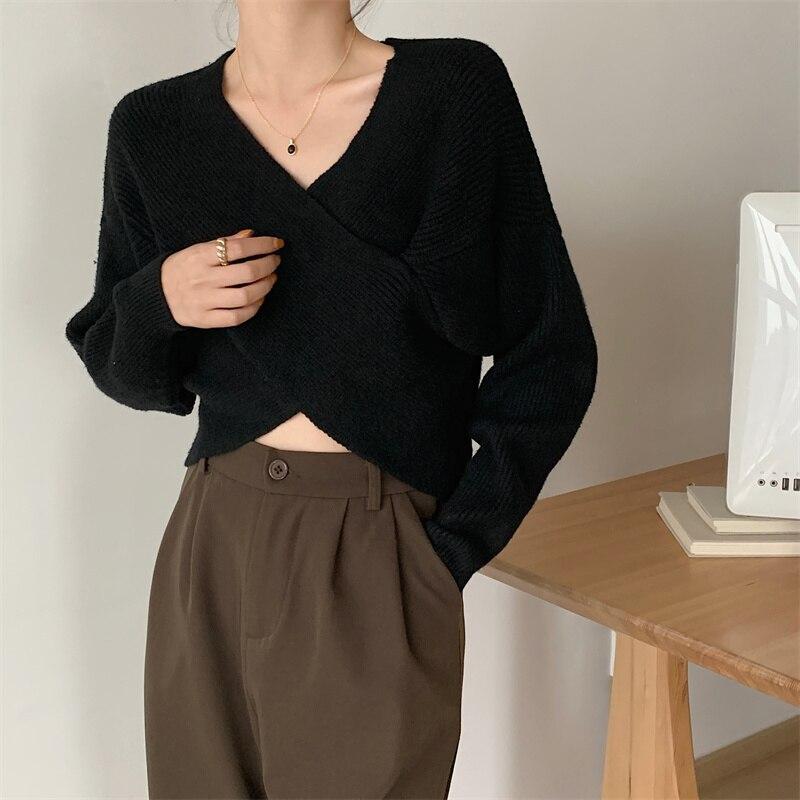 Осенний свободный женский вязаный свитер с v-образным вырезом, винтажные офисные женские пуловеры, свитера, женские зимние корейские нерегулярные трикотажные изделия 28576