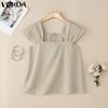 VONDA Женские блузки с квадратным вырезом, повседневные плиссированные топы с коротким рукавом