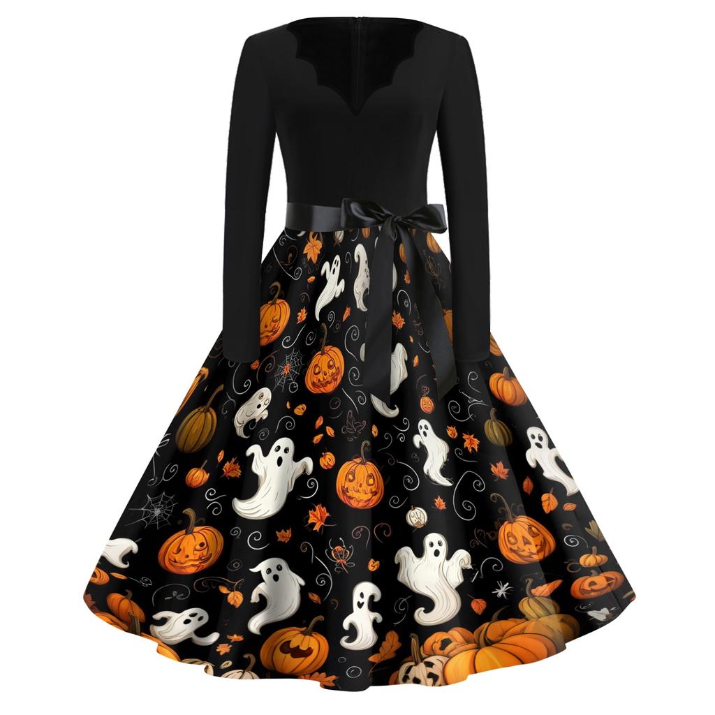 Womens Casual Halloween Print V Neck Vintage Dress Long Sleeve A Line Retro Style Midi Dress with Waist Tie