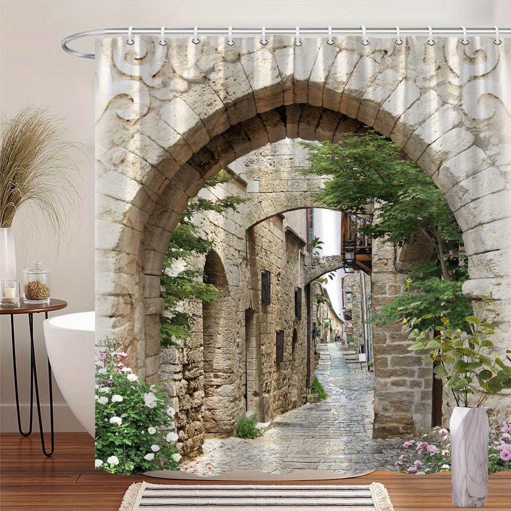 1pc Vintage European Shower Curtain, Picturesque Cobblestone Alley with Flowers and Arches, With 12 Hooks, Bathroom Decor