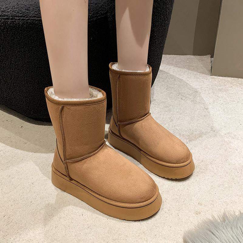 2024 New Ladies Shoes Slip On Women's Boots Winter Round Toe Solid Plush Warm Platform Water Proof Mid-Calf Casual Snow Boots