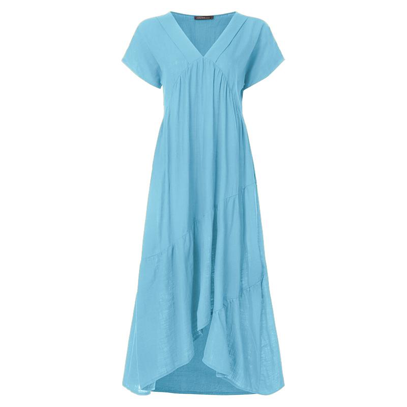 ZANZEA Ladies V Neck Short Sleeve Baggy Ruffled Sundress Loose Summer Beach Dress