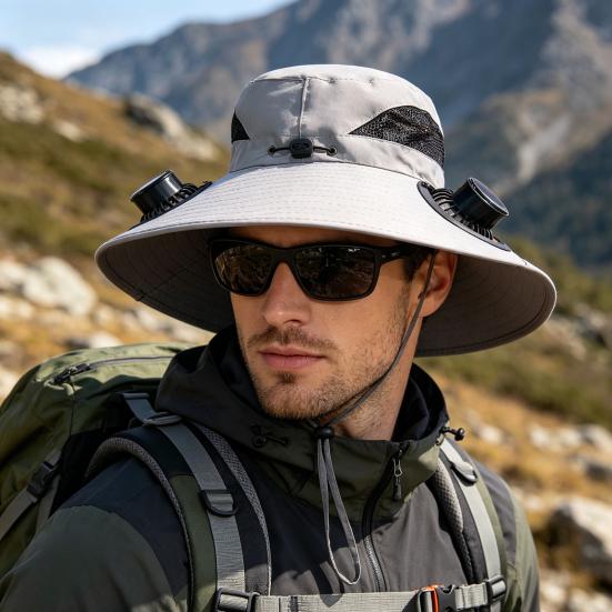 Buckle Hat with Dual Fans Large Battery Solar Charging Full-Face Sun Protection Large Brim Sun Hat Adjustable Drawstring Walking Cooling Hat