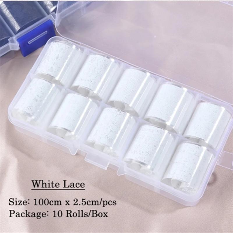 10 рулонов/коробка Белый Черный Кружевной Набор Фольги для Нейл-арта Наклейки для Переноса на Ногти Бумага для DIY Маникюра Аксессуары для Украшения Ногтей