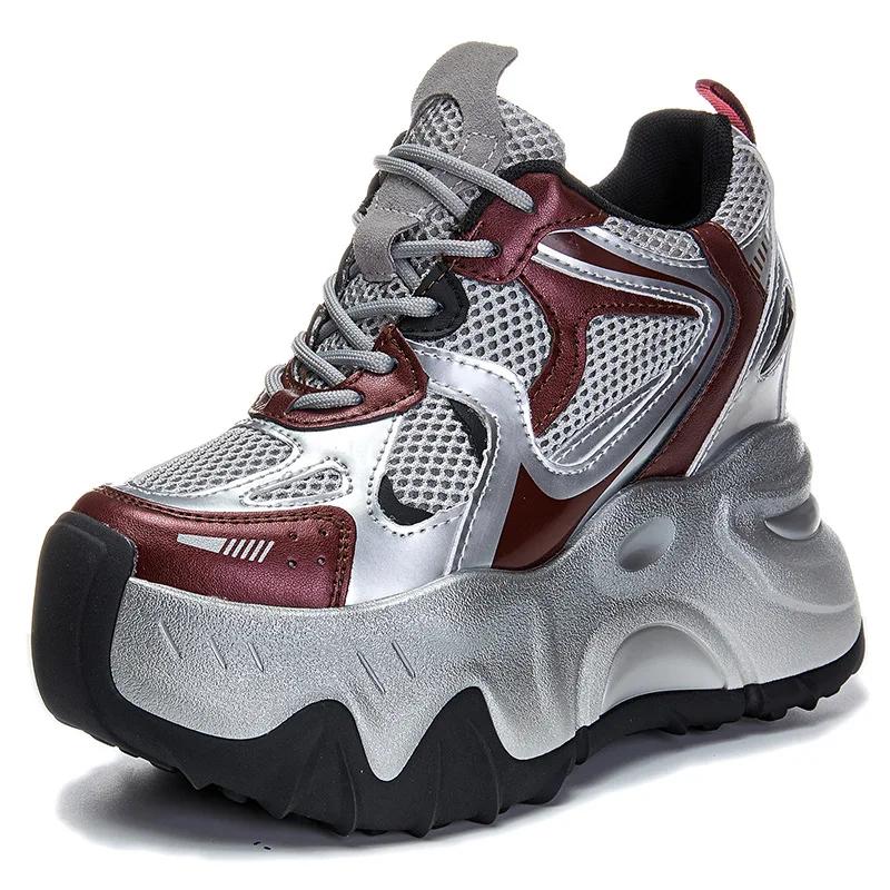 Fashion 12CM Air Mesh Microfiber Synthetic Chunky Sneakers Fashion Spring Shoes Leather Ankle Booties Women Vulcanize Boots Autumn