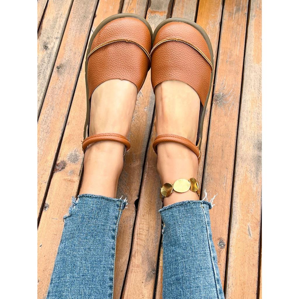 Ladies Mary Jane Flat Dance Lace Adjustable Velcro Closure - Round Head Casual Shoes, Comfortable Brown Single Shoes for All Seasons, Daily Dressing