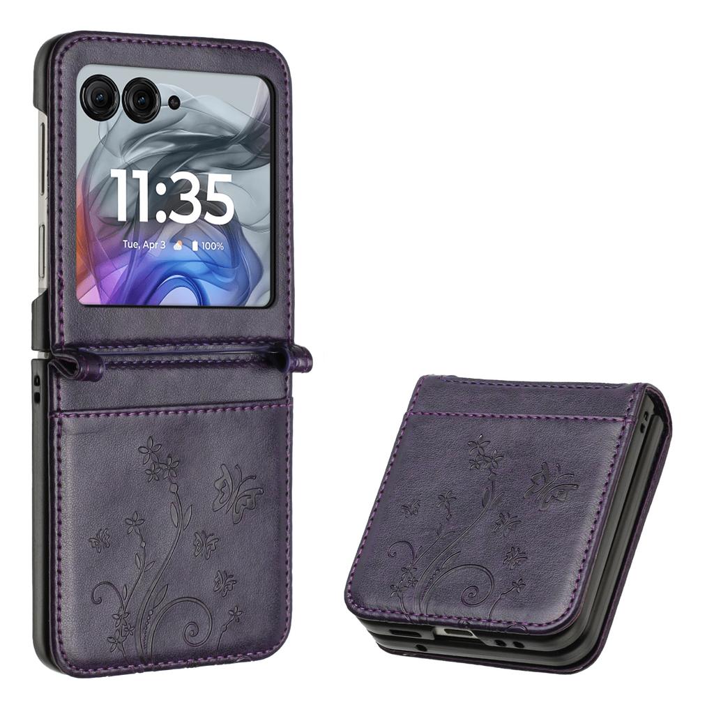 Кожаный чехол для Motorola Razr 60/50 5G с тиснением в виде бабочки и цветка, чехол для телефона с ремешком