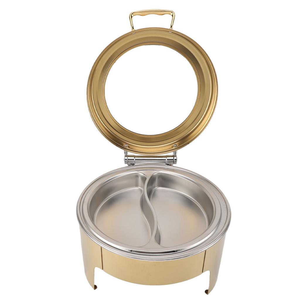 Круглый шведский стол, жаровня, золотистый, визуальный, откидная крышка на 90 градусов, нержавеющая сталь, 6 л, подогрев для алкоголя, шведский стол