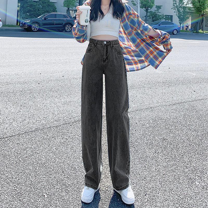 Женские черные джинсы широкого кроя в корейском стиле с высокой талией на весну/осень