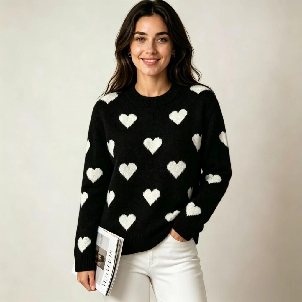 Autumn and winter love jacquard crew neck sweater women's loose lazy wind soft waxy knitted sweater large size women's top