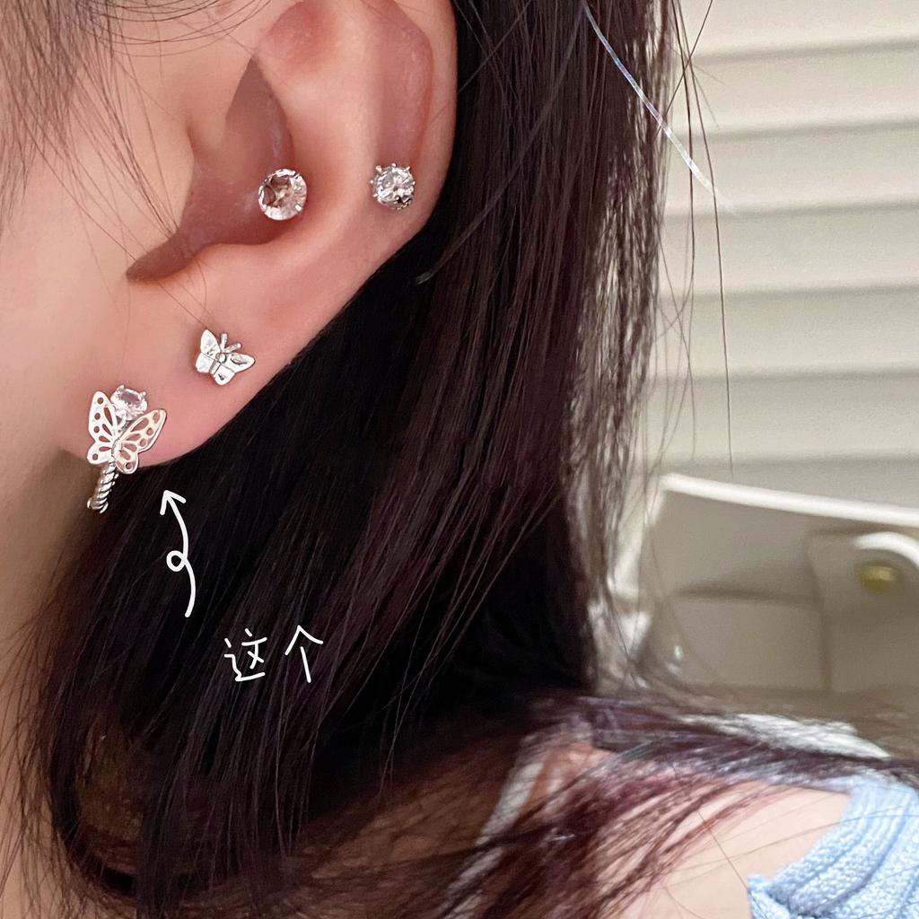 Personality Hollow Zircon Butterfly Ear Buckle Female Douyin Xiaohongshu Ins Cold Wind Temperament Twisting Rope Ear Hole Earrings