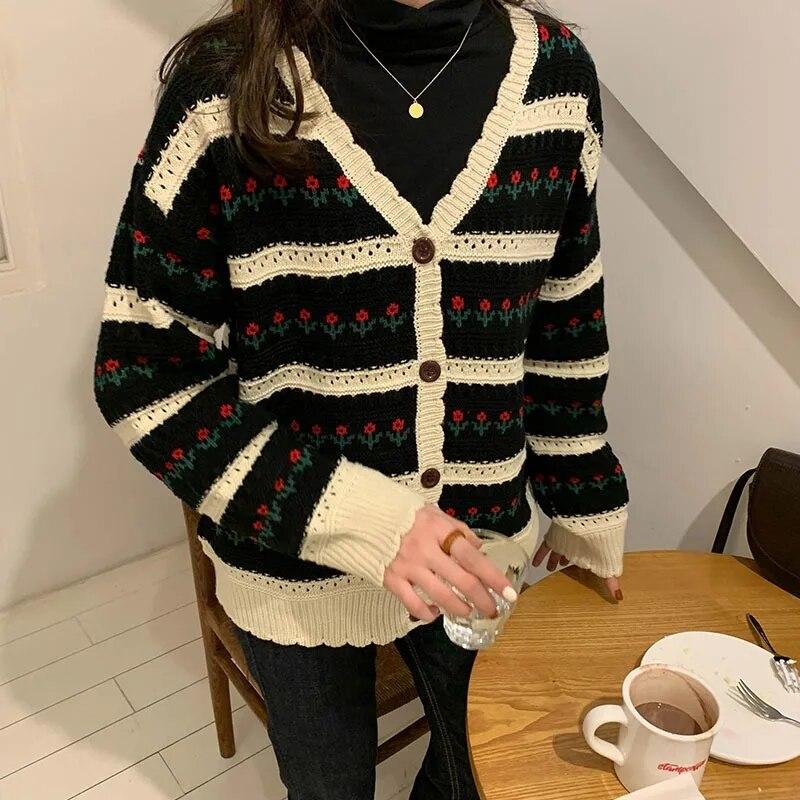 Autumn Flower Print Knitted Cardigan Sweater Women Loose Winter Korean Sweet Cardigan Knitwears Warm Long Sleeve Cardigans 29159