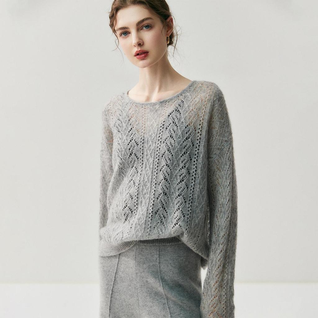Loose Velvet Cashmere Sweater: 2025 Autumn/Winter Round Neck Hollow Knit Women's Cardigan