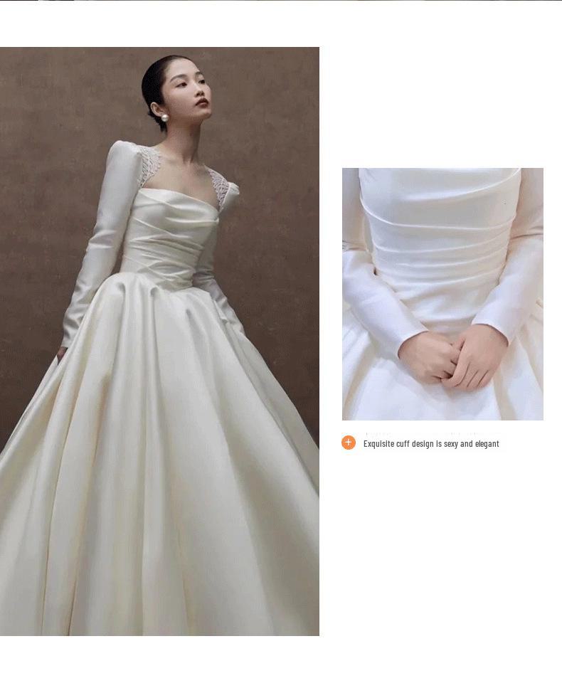 Атласное ретро-легкое свадебное платье с маленькими длинными рукавами - свадебная коллекция 2024 года