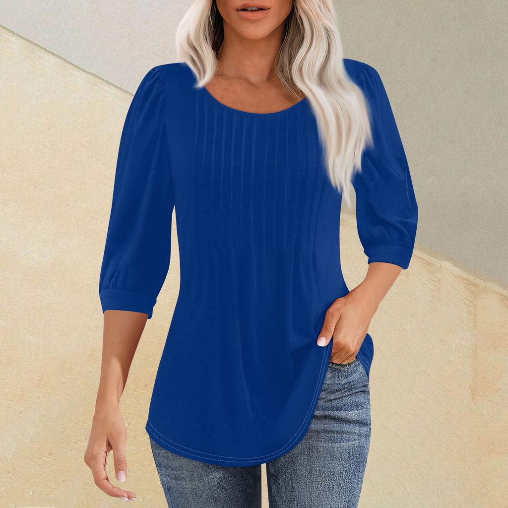 Женская мода плиссированная футболка с круглым вырезом и семью рукавами, повседневный однотонный топ