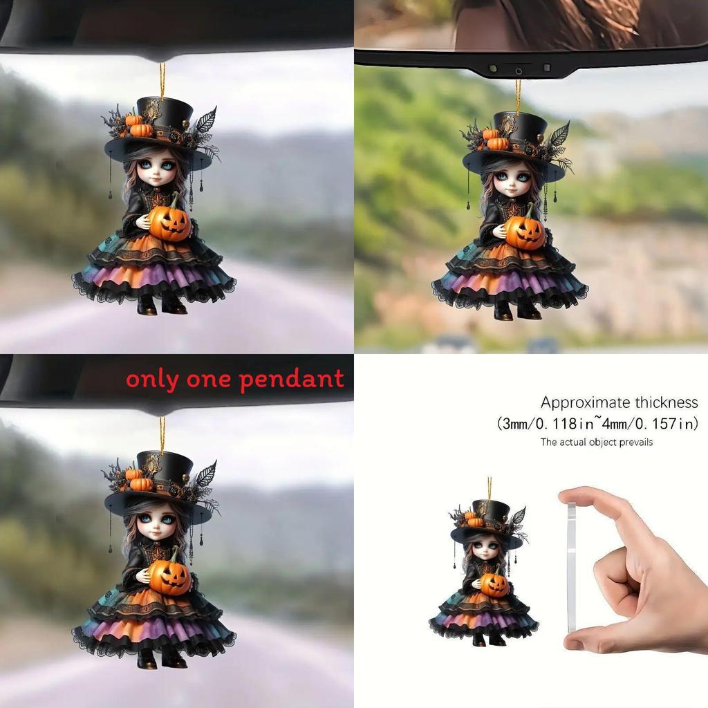 Acrylic Halloween Witch Car Rearview Mirror Decoration With Cartoon Style For Auto Interior Decor
