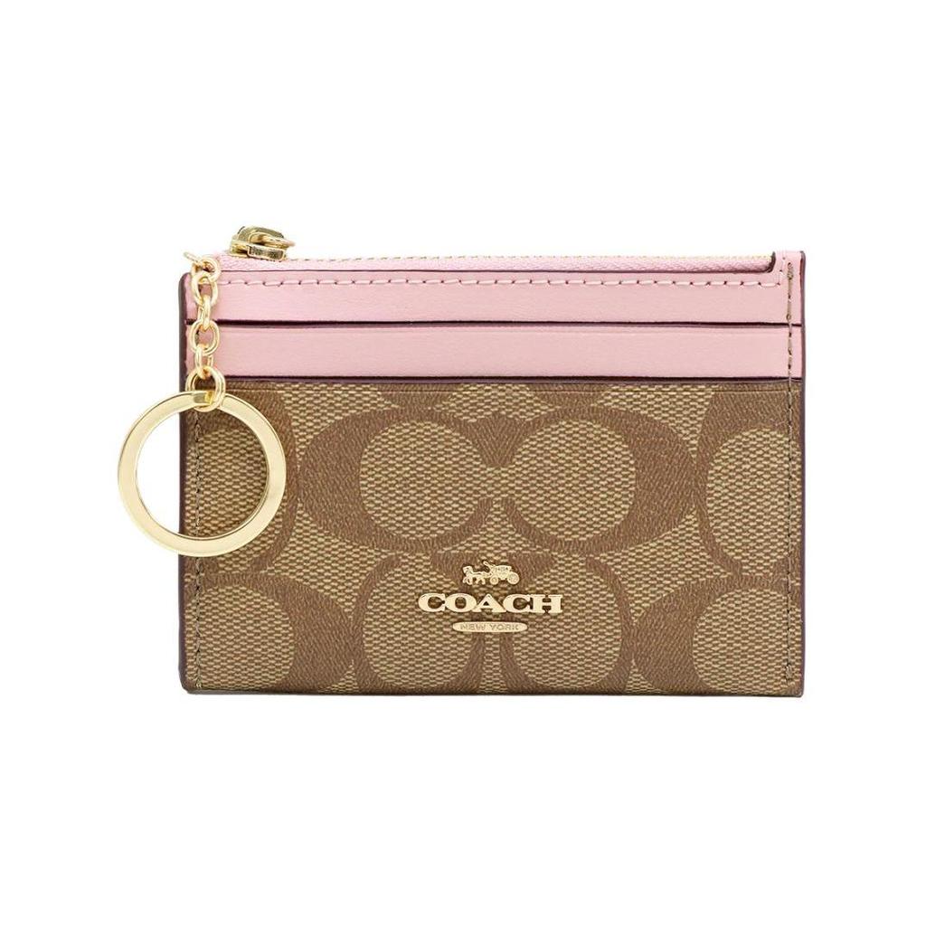 COACH Mini Id Skinny Leather Patchwork With PVC Key Pouch Card Holder Mini Women's Pink & Brown Monogram 88208-IMPWD