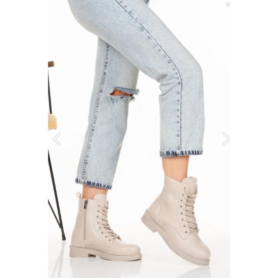 Women's Boots Beige Zippered Lace-Up Non-Slip Sole Boots