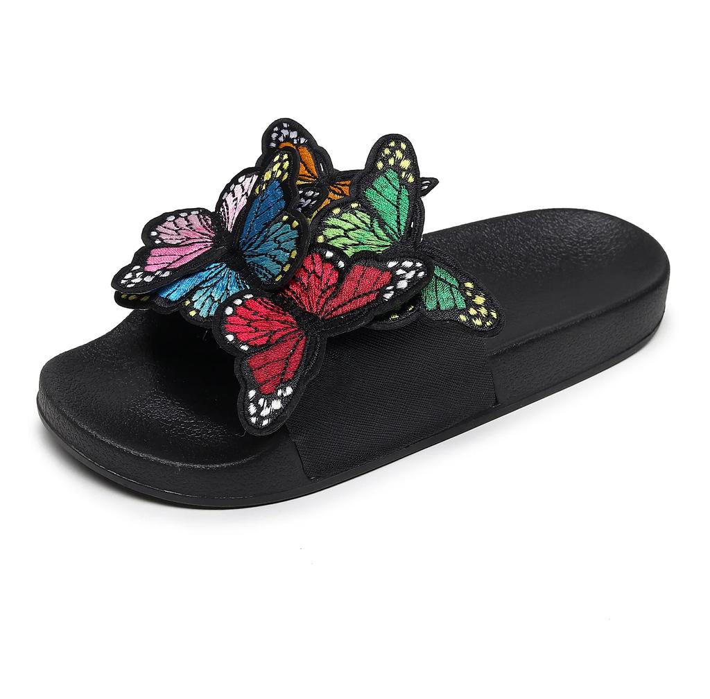 Women Retro Butterfly Slippers Summer Fashion Embroidery Lightweight Anti Slip Flat Bottom Sandal Outdoor Beach Casual Shoes