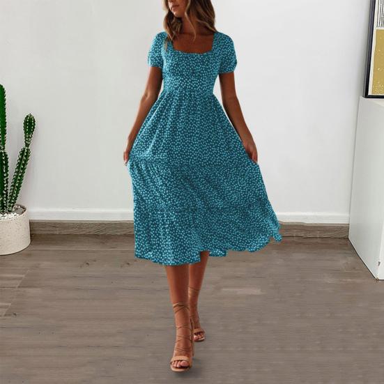 Женское летнее платье с цветочным принтом, с короткими рукавами, квадратным вырезом, оборками, многоярусное, расклешенное, А-силуэта, повседневное, летящее, в стиле бохо, пляжный сарафан