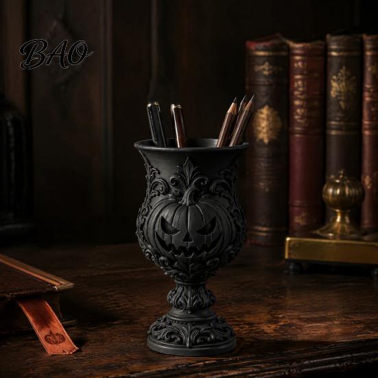 Gothic Stationery Storage 3D Printed Pumpkin Pen Holder, Retro European Style Relief Desktop Art Ornament Organizer, Goblet Shape Organizer for Makeup