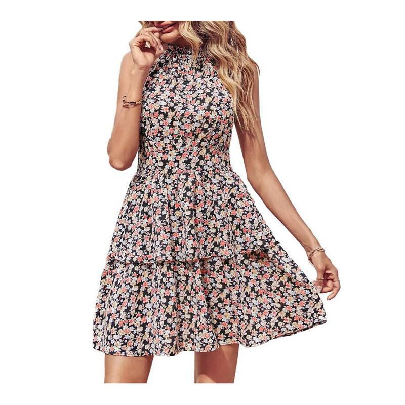 Summer Women's Sexy Strapless Hanging Neck Floral Dress Boho Style Printed Sleeveless Festival Beach Party Sundresses