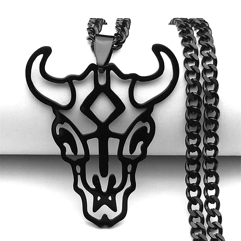 Hip Hop Animal Bull Head Pendant Necklace Men Stainless Steel Silver Color Skull Ox Bone Chain Amulet Jewelry collar ZZZ3574-QKC