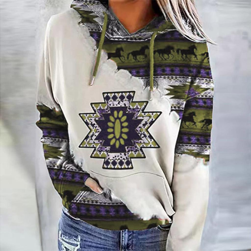 Womens Casual Geometric Horse Print Long Sleeve Drawstring Pullover Tops, Ethnic Style Hooded Sweatshirt