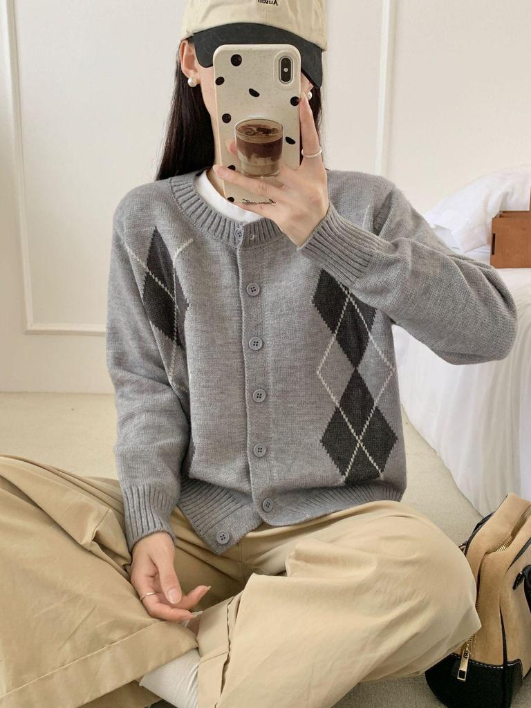 Женский кардиган из мериносовой шерсти с узором аргайл - Сексуальный свитер с круглым вырезом для осени/зимы