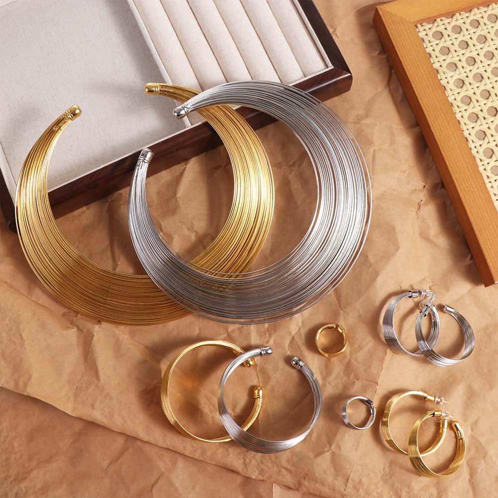 Korean Style Multilayer Metal Wire Jewelry Set Finger Ring Exaggerated Necklace Birthday Gift